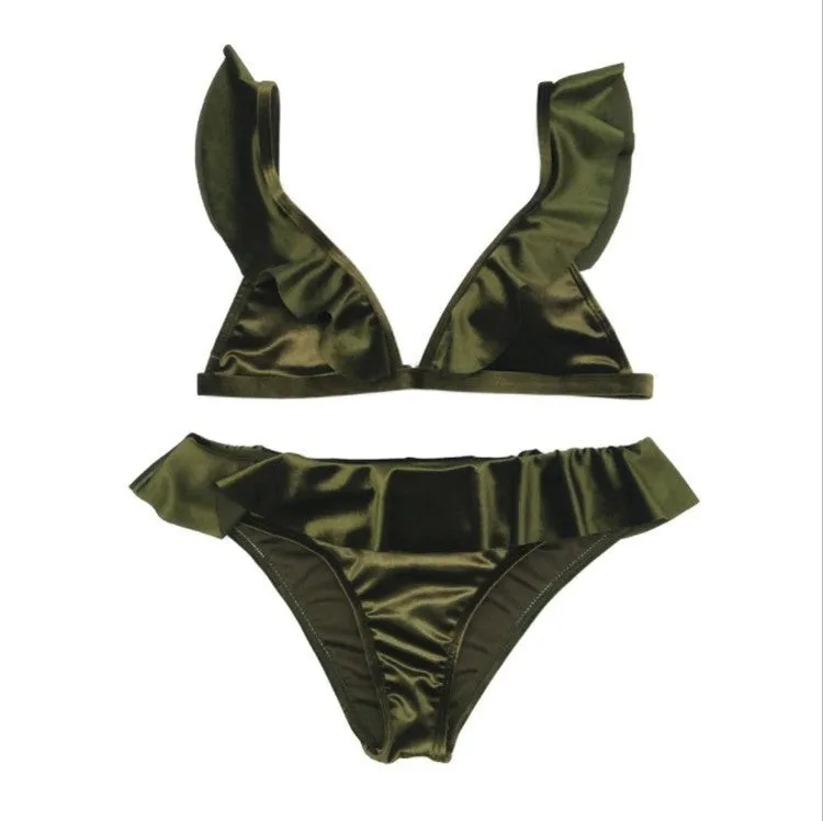 Women ice velvet ruffle bikini set in army green with built-in chest pad, soft polyethylene fibre fabric
