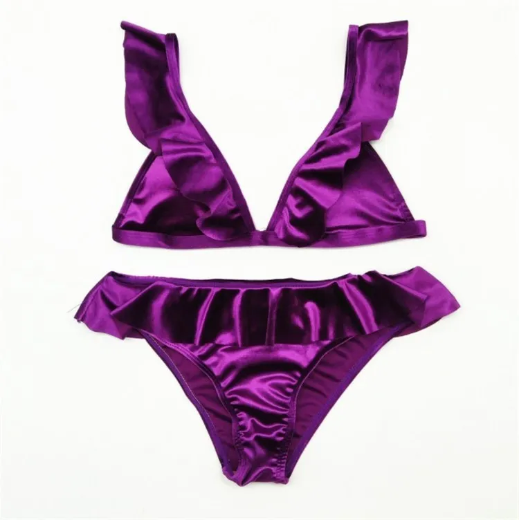 Women ice velvet ruffle bikini set in army green with built-in chest pad, soft polyethylene fibre fabric
