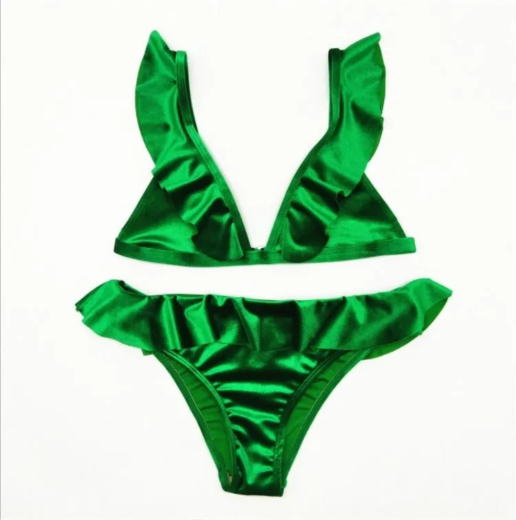 Women ice velvet ruffle bikini set in army green with built-in chest pad, soft polyethylene fibre fabric