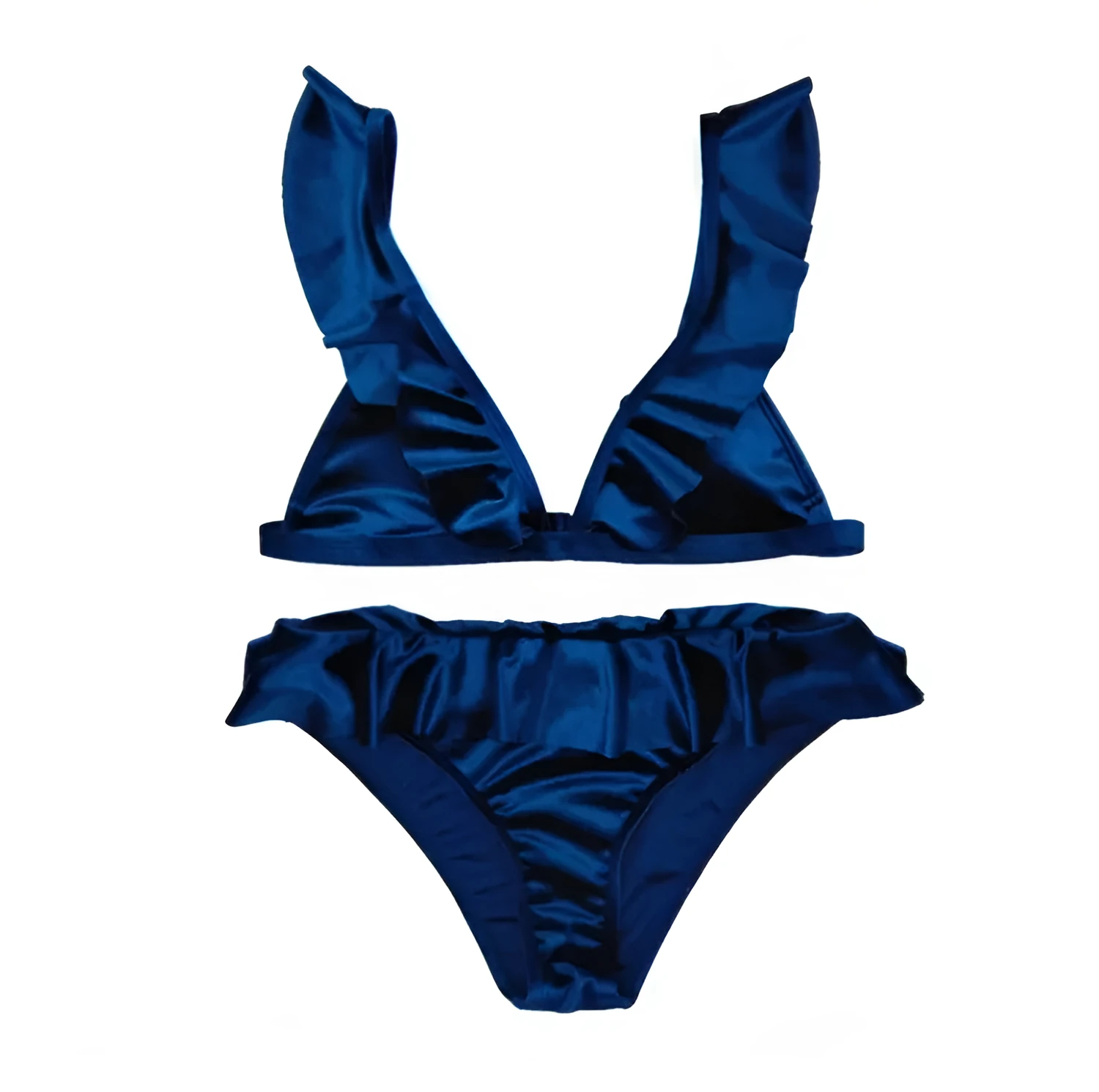 Women ice velvet ruffle bikini set in army green with built-in chest pad, soft polyethylene fibre fabric