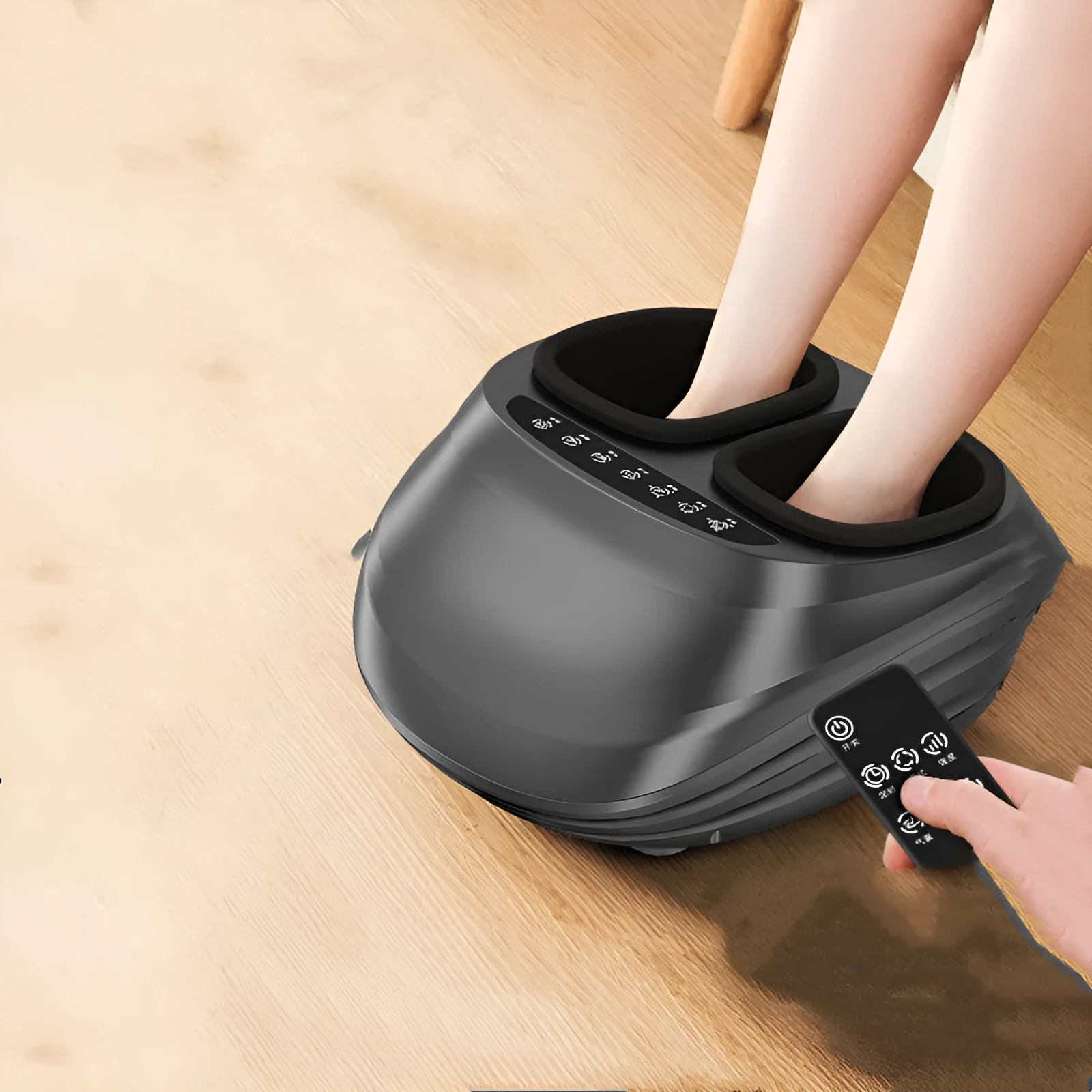 Household automatic kneading heating foot massager with 4D wrap, black basic style, push-button control