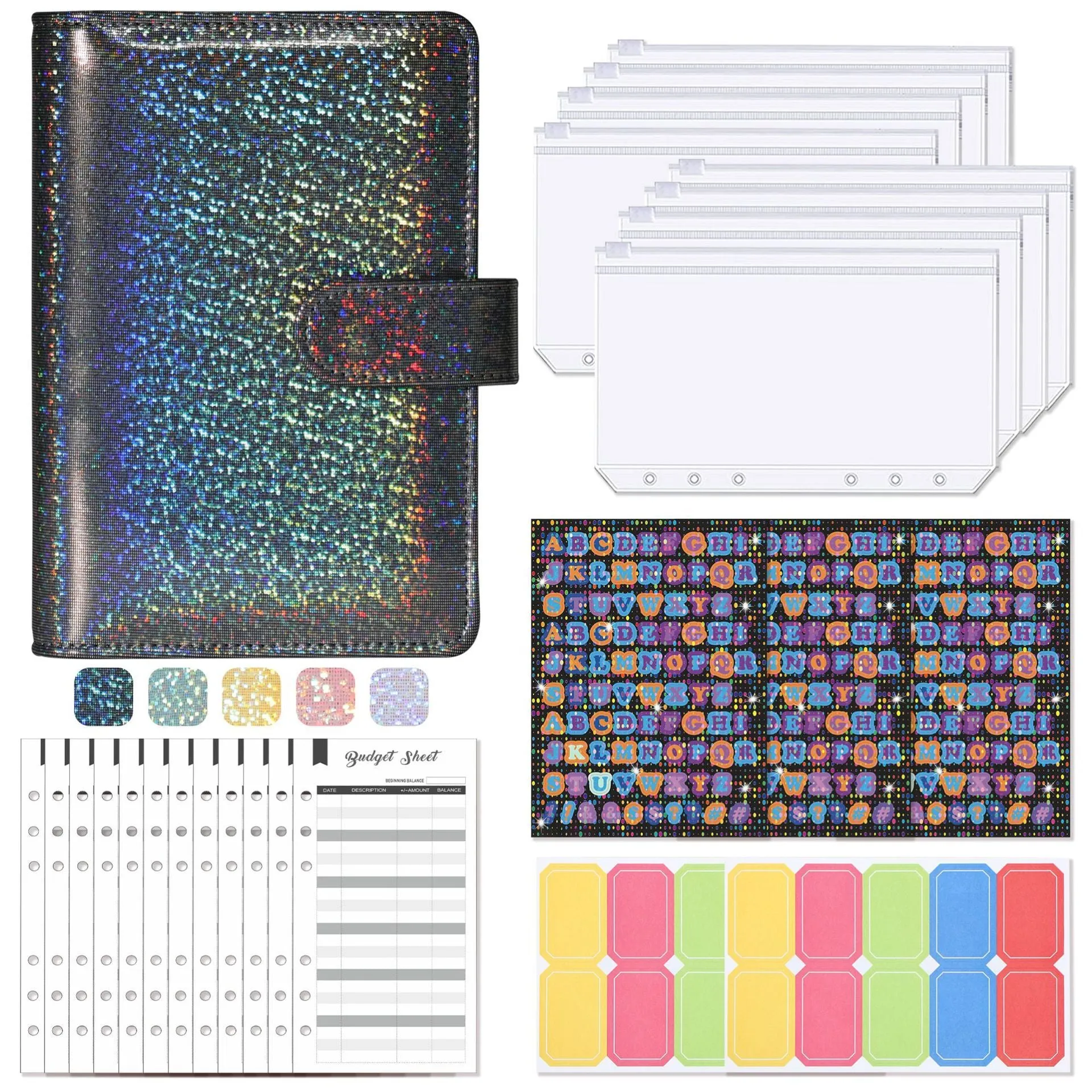A6 clip notebook journal with imitation leather cover in Macaron style showing zipper bags and inserts