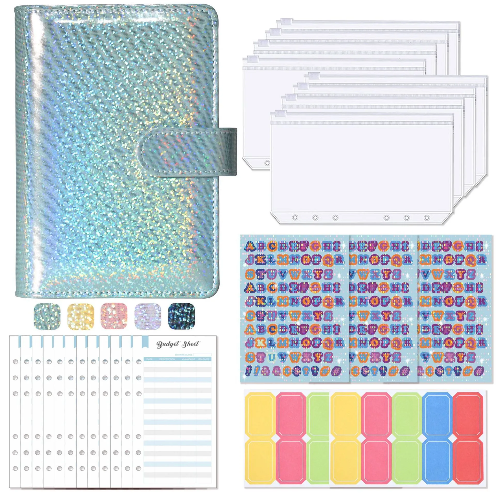 A6 clip notebook journal with imitation leather cover in Macaron style showing zipper bags and inserts