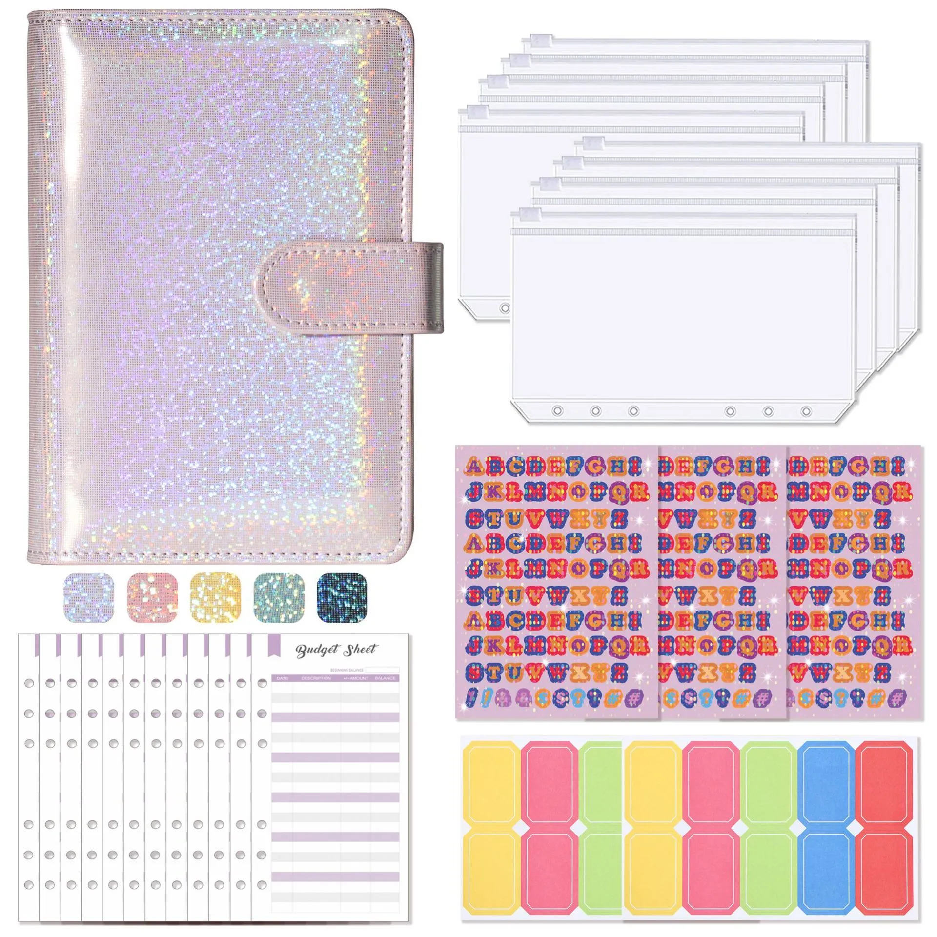 A6 clip notebook journal with imitation leather cover in Macaron style showing zipper bags and inserts