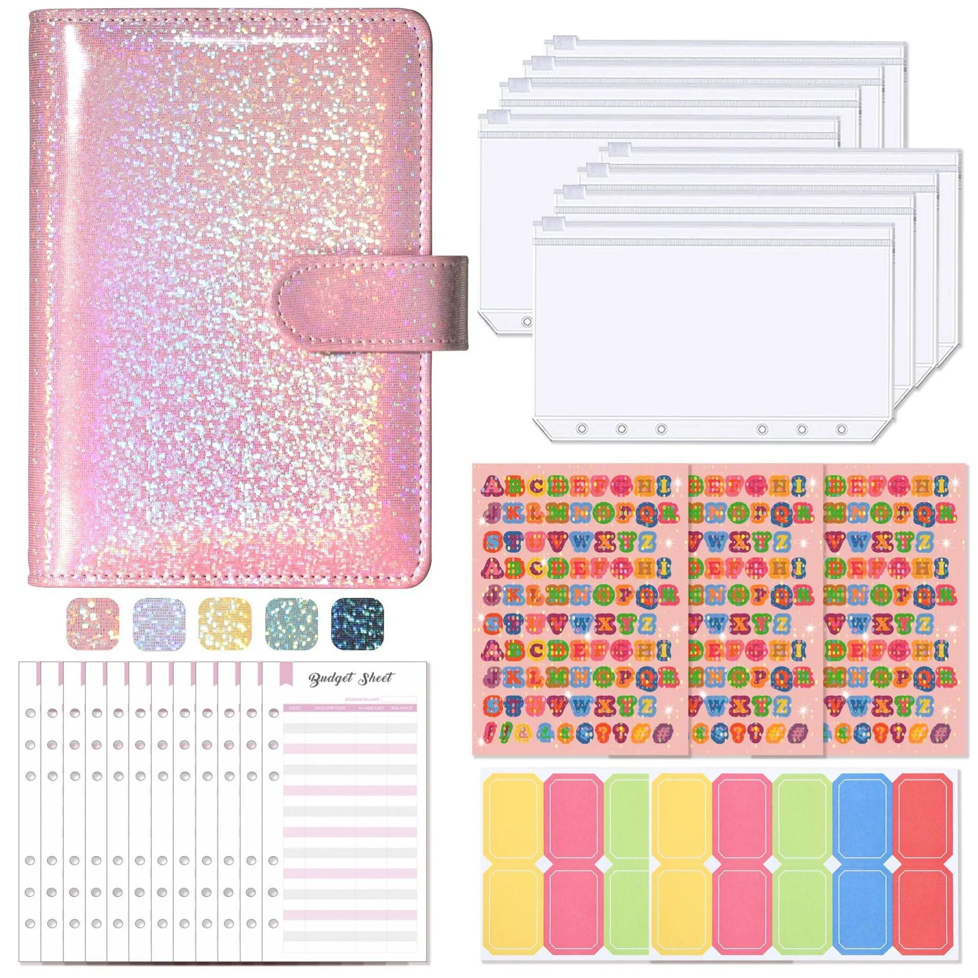 A6 clip notebook journal with imitation leather cover in Macaron style showing zipper bags and inserts
