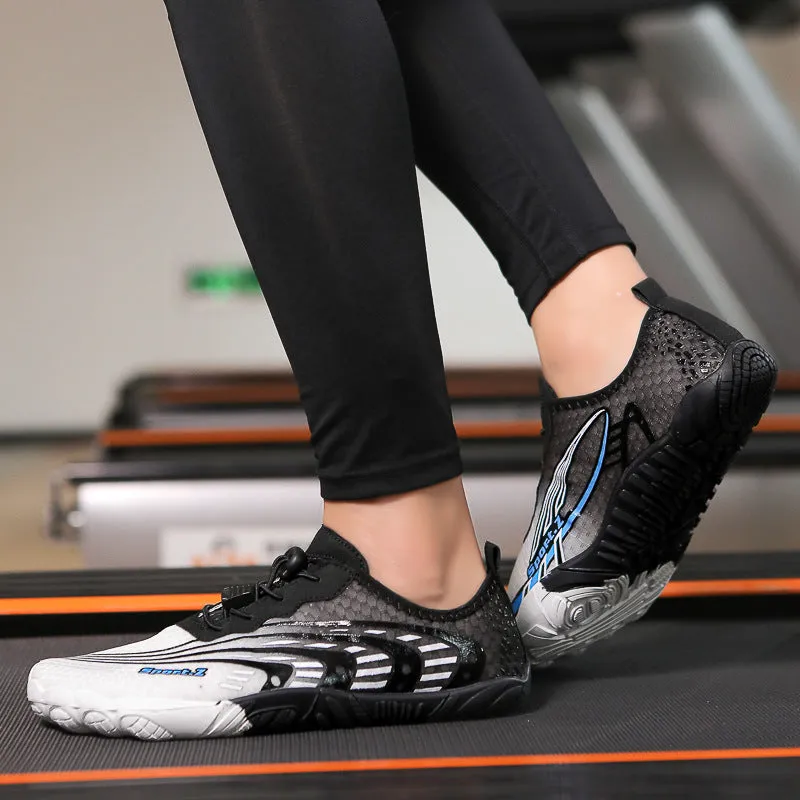Men's and women's non-slip fitness sneakers with Lycra upper, rubber sole, low heel, available in 2026 White Blue colour