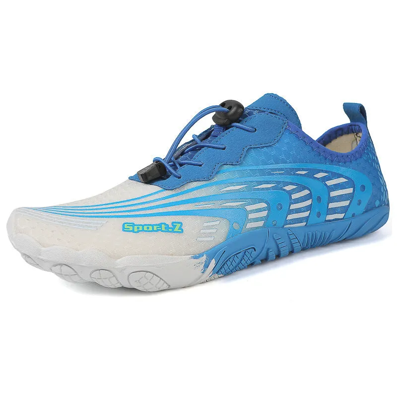 Men's and women's non-slip fitness sneakers with Lycra upper, rubber sole, low heel, available in 2026 White Blue colour