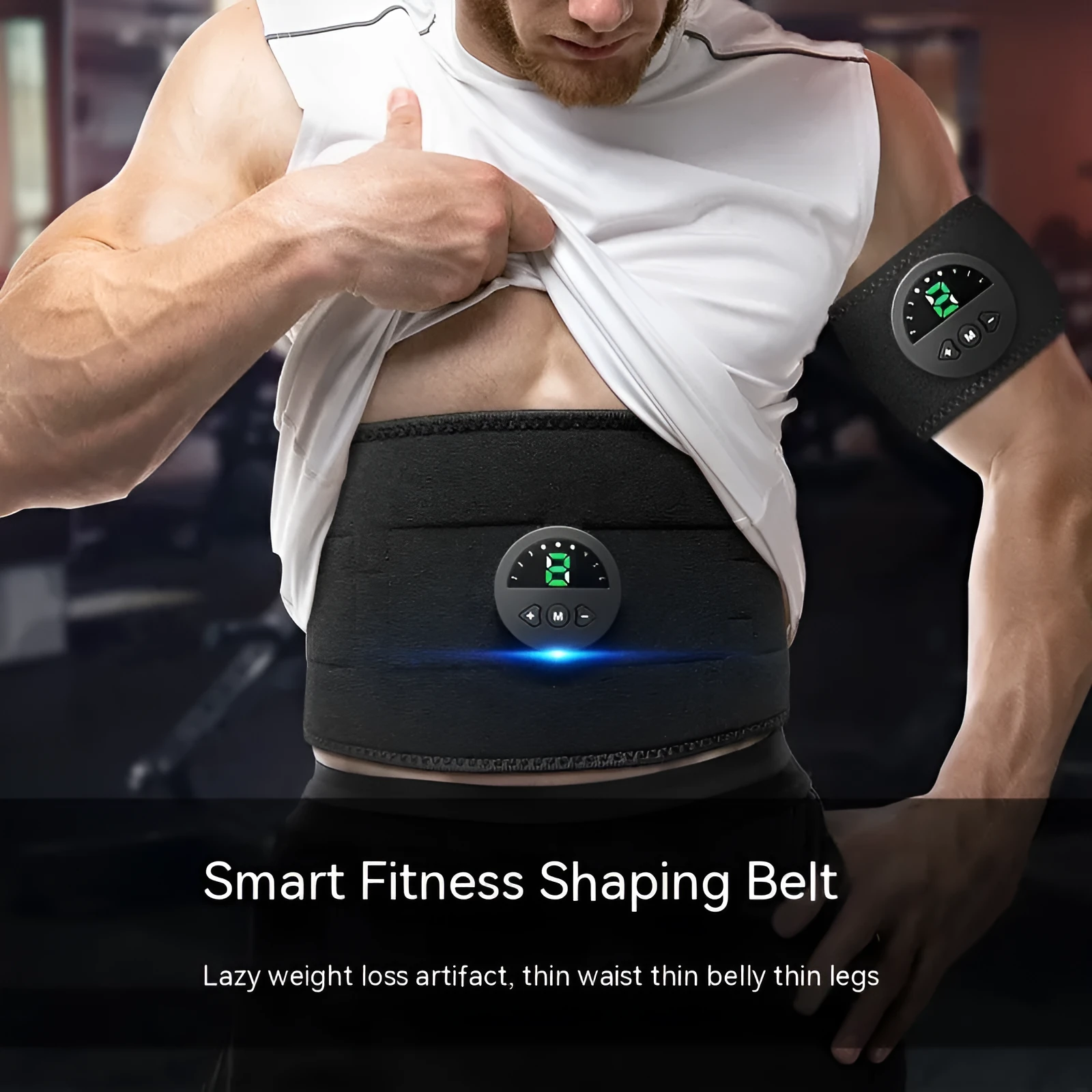 EMS fitness belt waist massager with silicone waistband, arm and abdominal patches, and USB cable