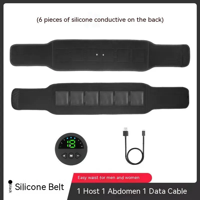 EMS fitness belt waist massager with silicone waistband, arm and abdominal patches, and USB cable
