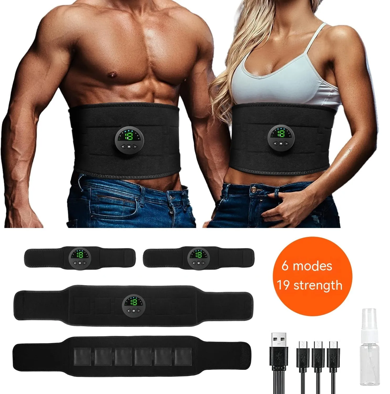 EMS fitness belt waist massager with silicone waistband, arm and abdominal patches, and USB cable