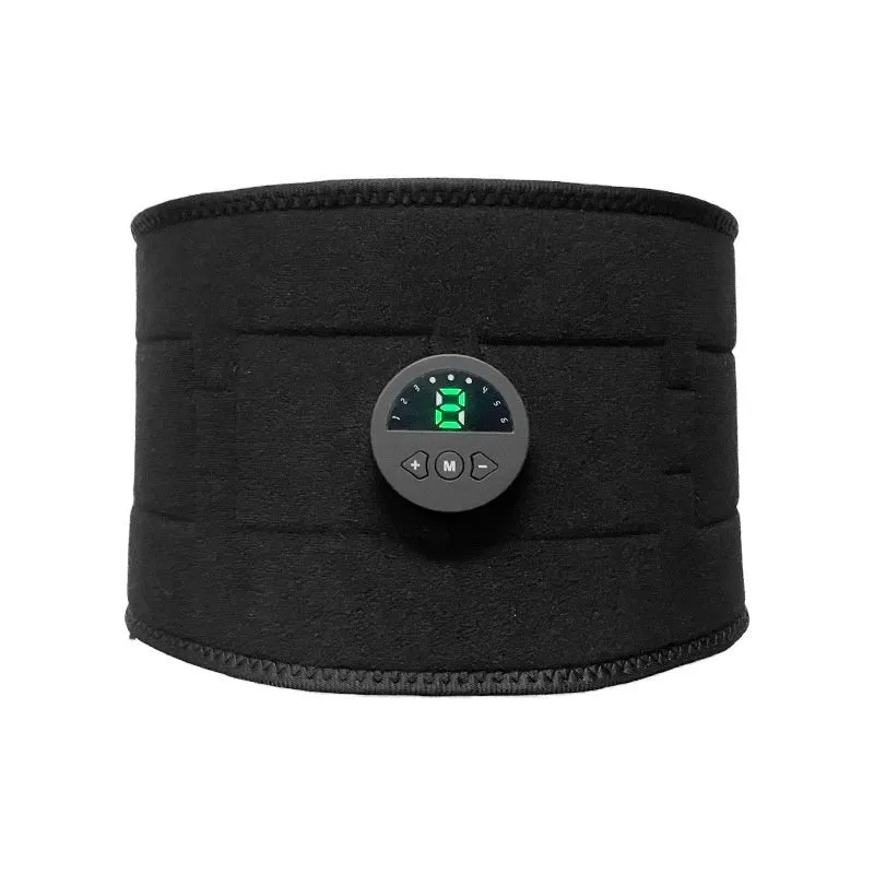EMS fitness belt waist massager with silicone waistband, arm and abdominal patches, and USB cable