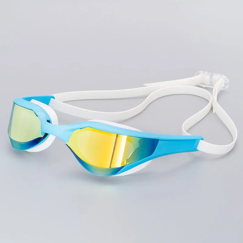 Racing HD anti-fog swimming goggles with polycarbonate lenses and silicone seal, shown with adjustable nose bridges.