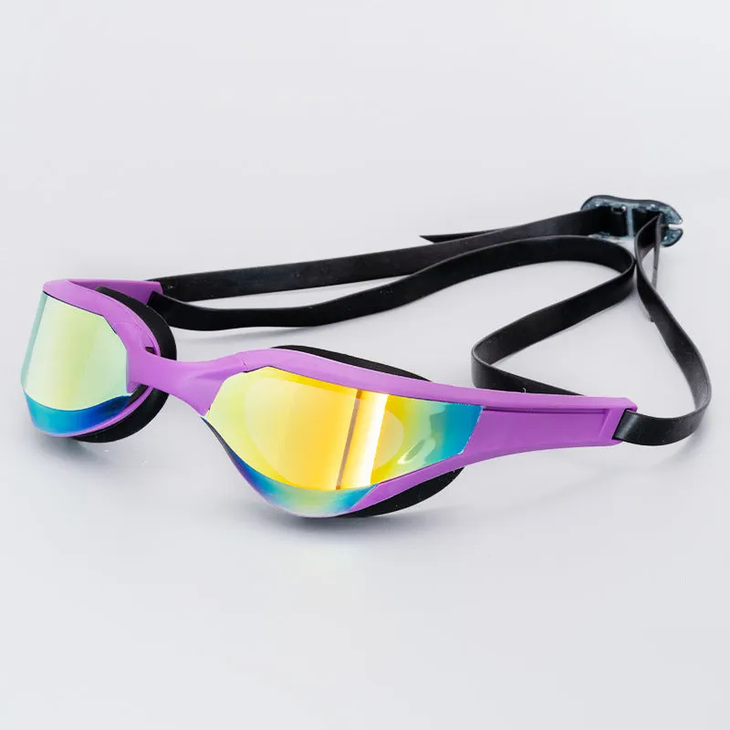 Racing HD anti-fog swimming goggles with polycarbonate lenses and silicone seal, shown with adjustable nose bridges.