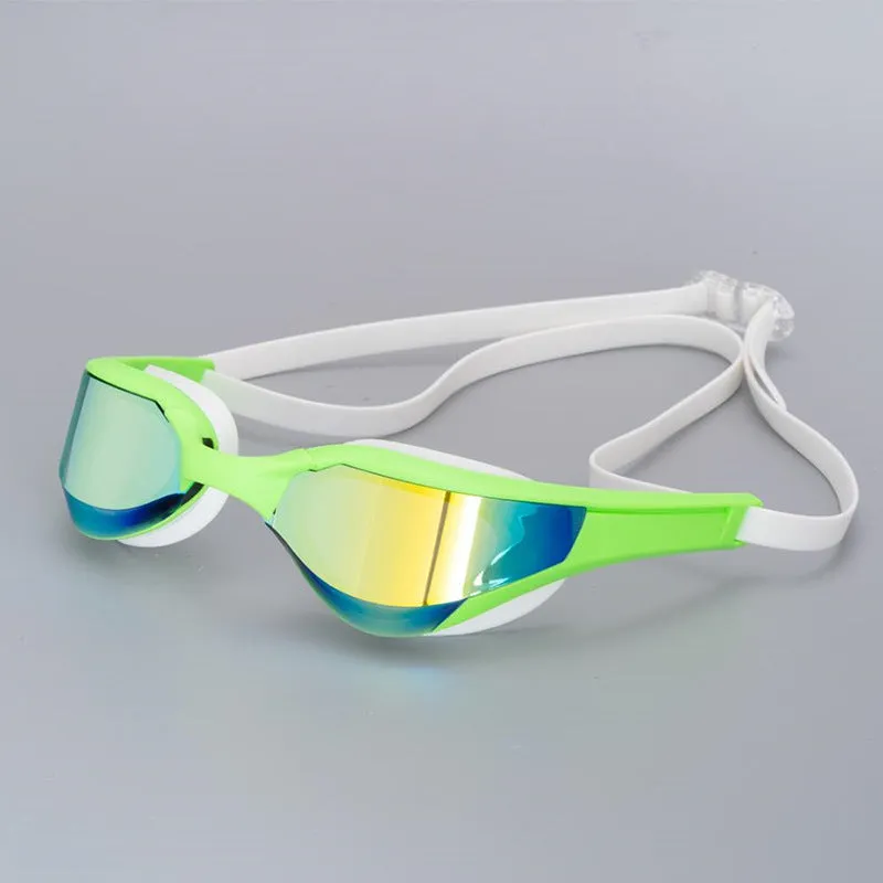 Racing HD anti-fog swimming goggles with polycarbonate lenses and silicone seal, shown with adjustable nose bridges.