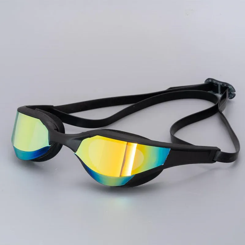 Racing HD anti-fog swimming goggles with polycarbonate lenses and silicone seal, shown with adjustable nose bridges.
