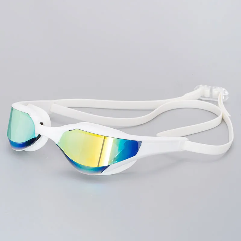 Racing HD anti-fog swimming goggles with polycarbonate lenses and silicone seal, shown with adjustable nose bridges.