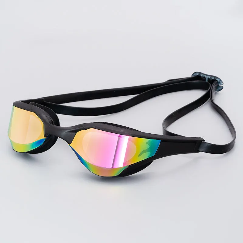Racing HD anti-fog swimming goggles with polycarbonate lenses and silicone seal, shown with adjustable nose bridges.