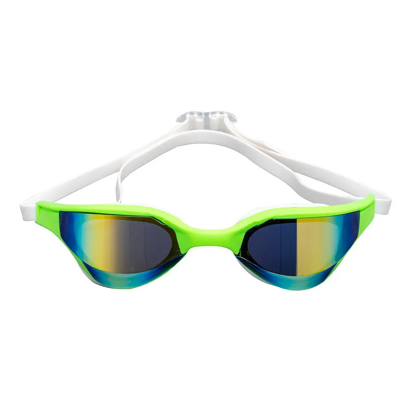 Racing HD anti-fog swimming goggles with polycarbonate lenses and silicone seal, shown with adjustable nose bridges.