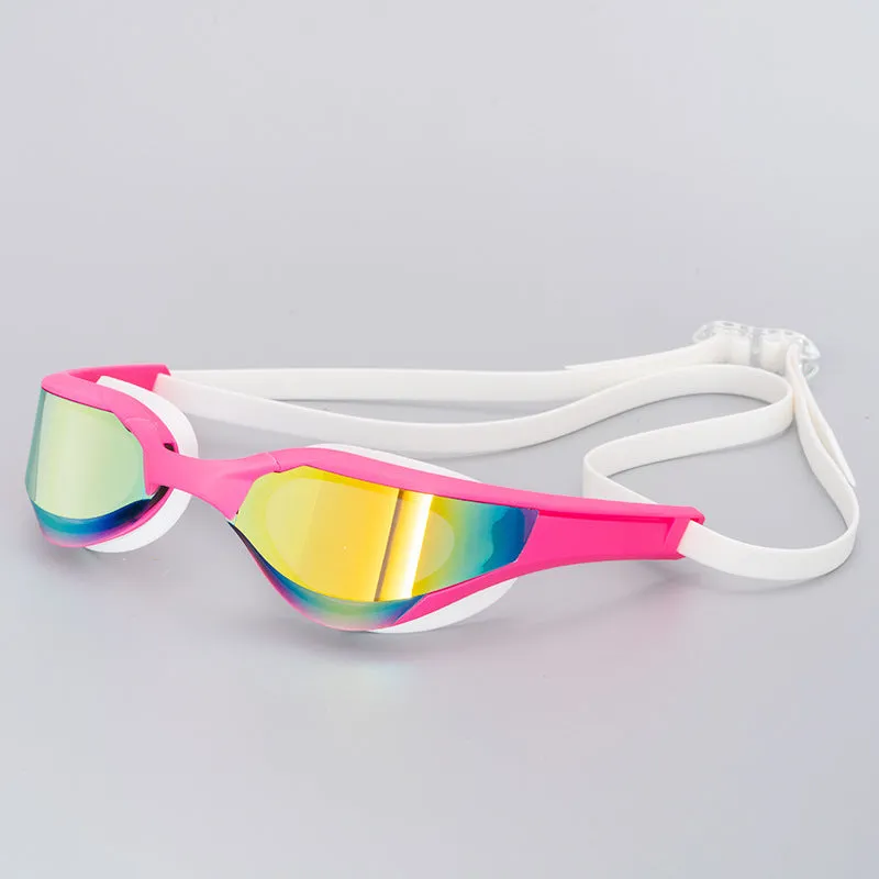 Racing HD anti-fog swimming goggles with polycarbonate lenses and silicone seal, shown with adjustable nose bridges.