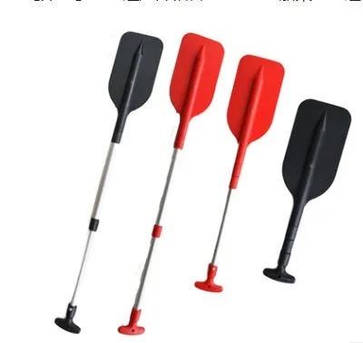 Retractable aluminium alloy paddle collapsed to 54cm on a white background with black and red options shown