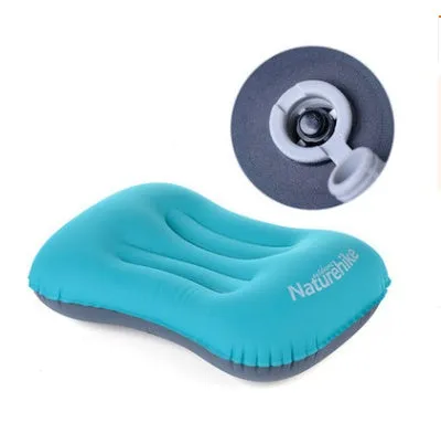 Travel portable inflatable pillow in peacock blue with new air mouth and soft fabric pillowcase for camping