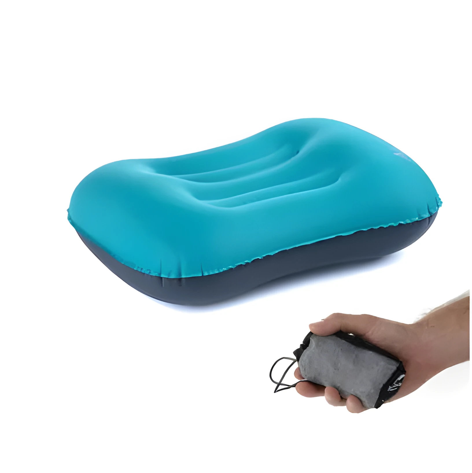 Travel portable inflatable pillow in peacock blue with new air mouth and soft fabric pillowcase for camping