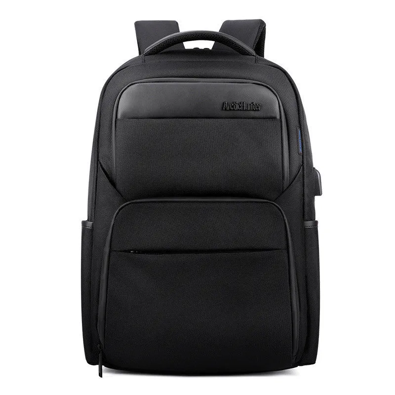 Men's USB charging anti-theft backpack in black with polyester construction, 28L capacity, and multiple compartments