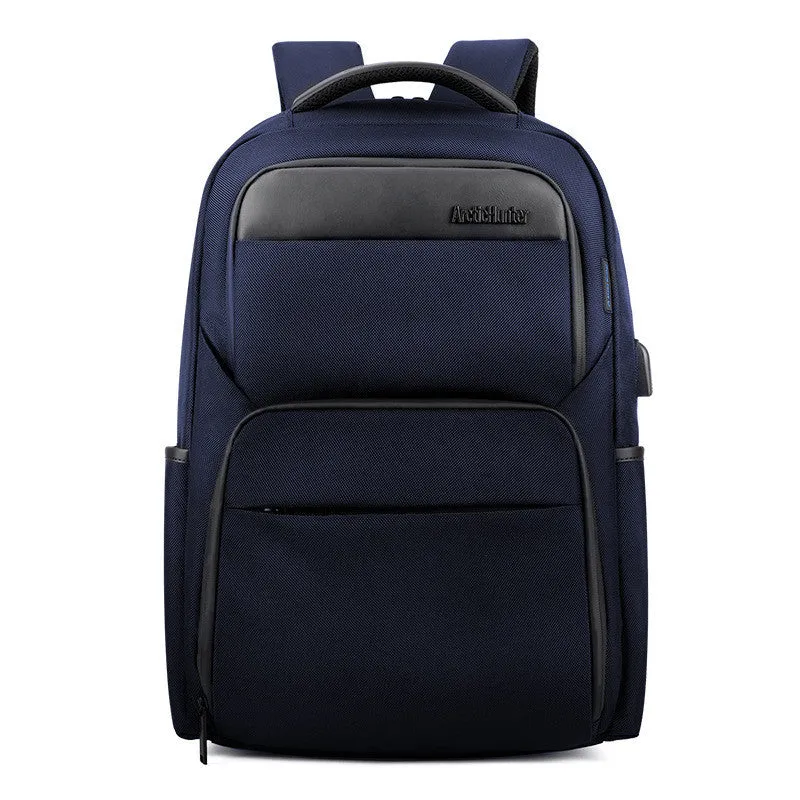 Men's USB charging anti-theft backpack in black with polyester construction, 28L capacity, and multiple compartments