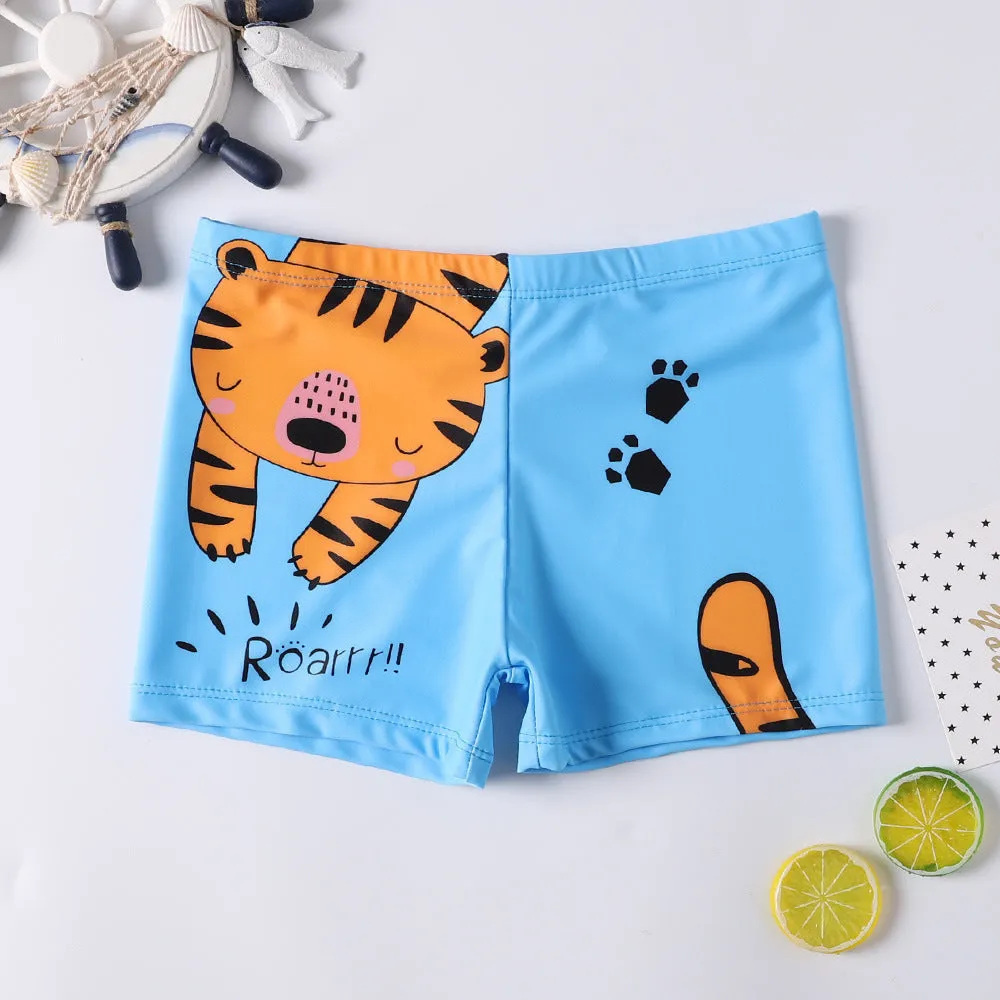 Cartoon boy swimsuit in navy blue with spandex blend, polyester lining, for children's swimming