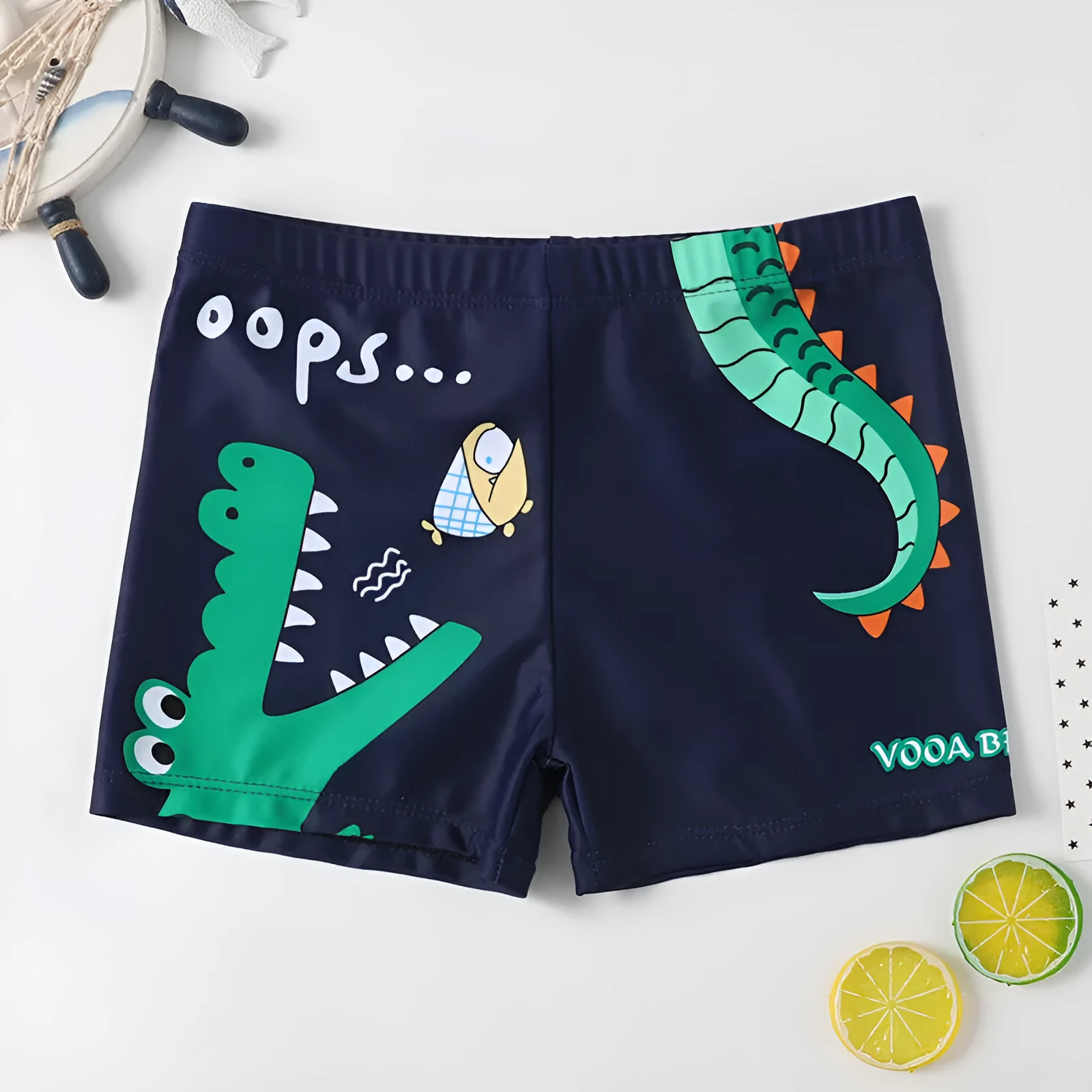 Cartoon boy swimsuit in navy blue with spandex blend, polyester lining, for children's swimming