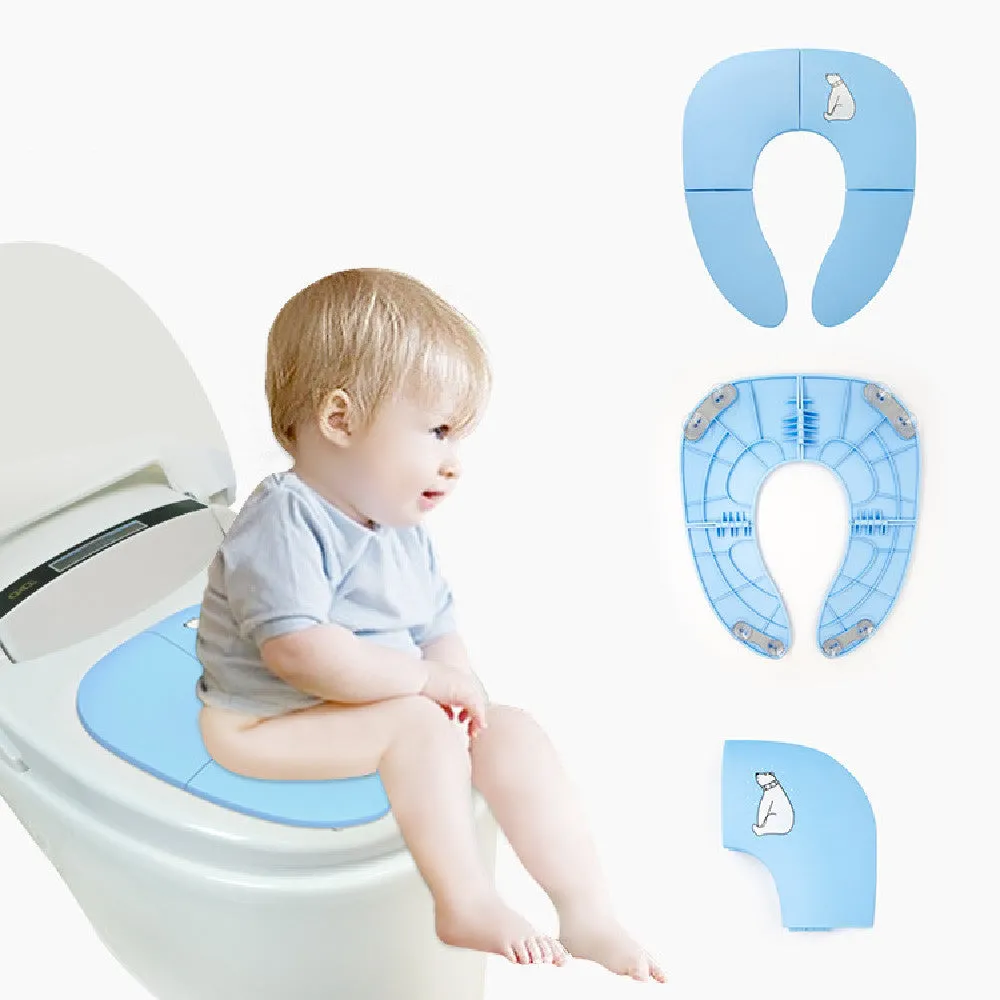 Foldable baby travel potty seat in blue with splash guard, shown folded and open on a white background
