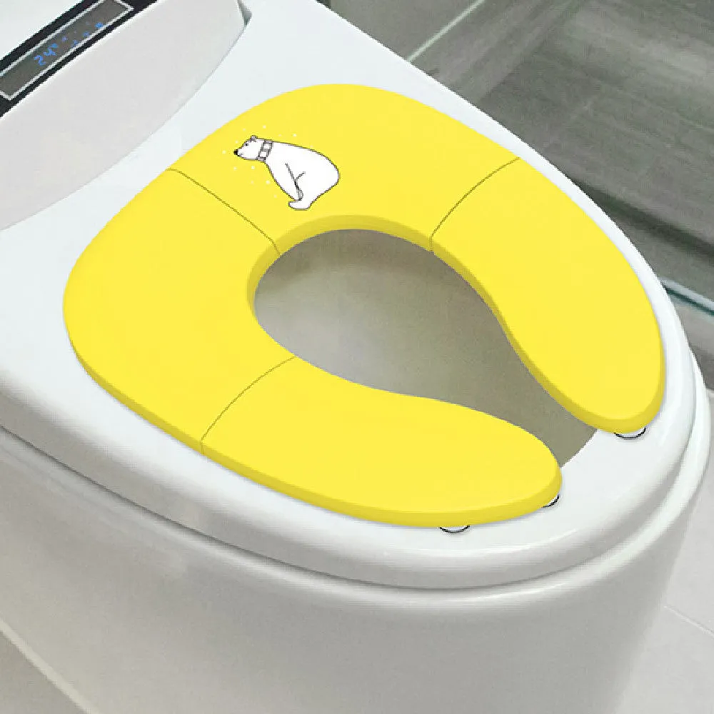 Foldable baby travel potty seat in blue with splash guard, shown folded and open on a white background