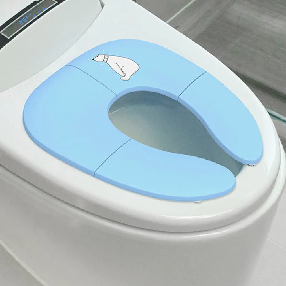 Foldable baby travel potty seat in blue with splash guard, shown folded and open on a white background