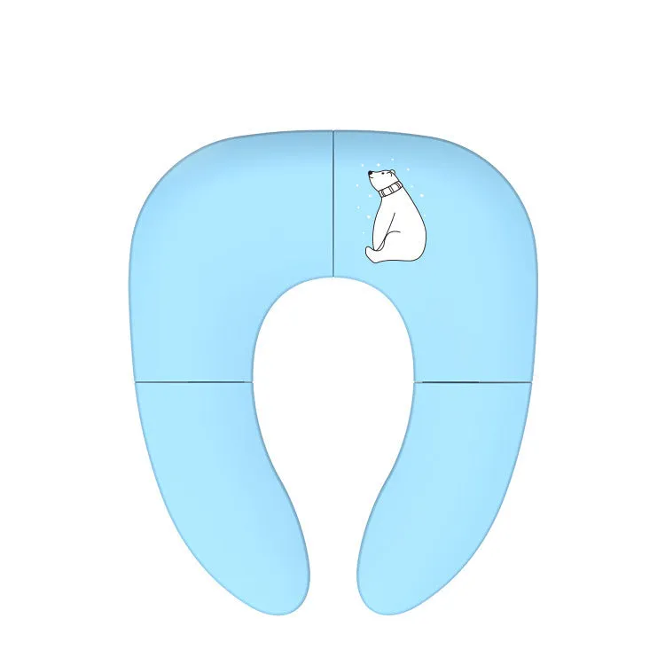 Foldable baby travel potty seat in blue with splash guard, shown folded and open on a white background