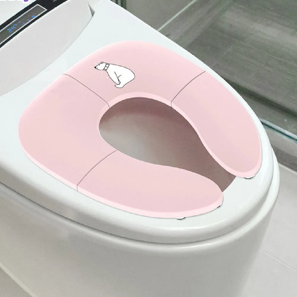 Foldable baby travel potty seat in blue with splash guard, shown folded and open on a white background