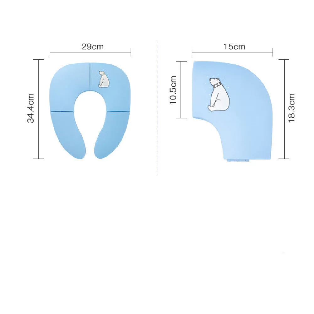 Foldable baby travel potty seat in blue with splash guard, shown folded and open on a white background