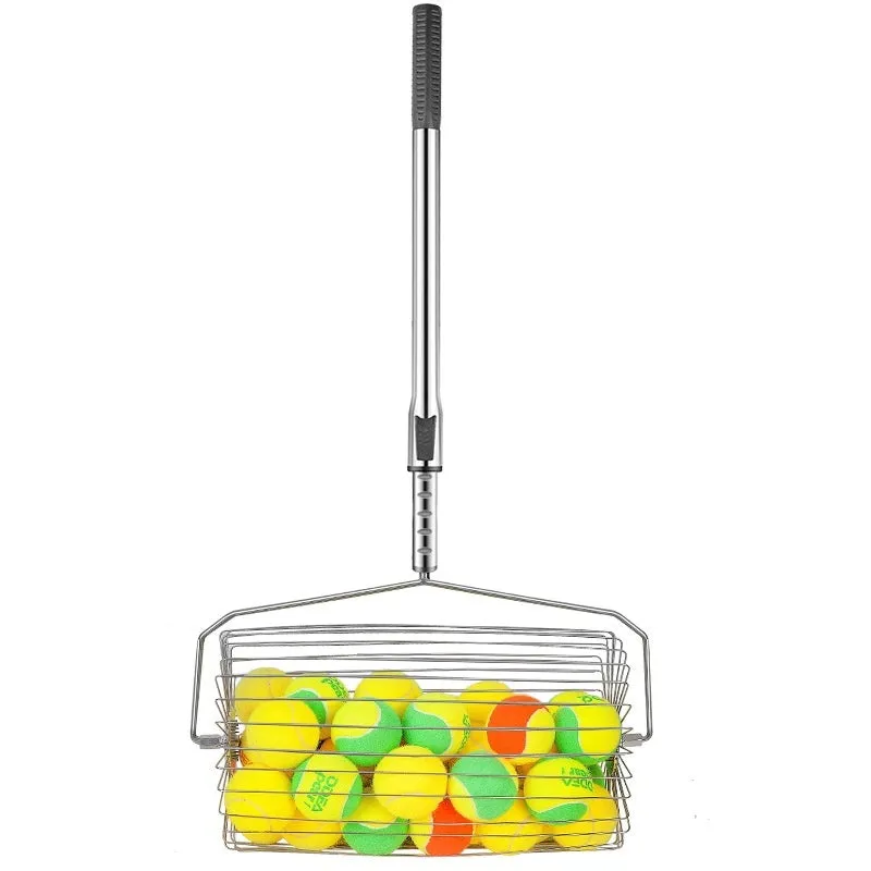 Stainless steel tennis ball roller picker with adjustable handle on a tennis court
