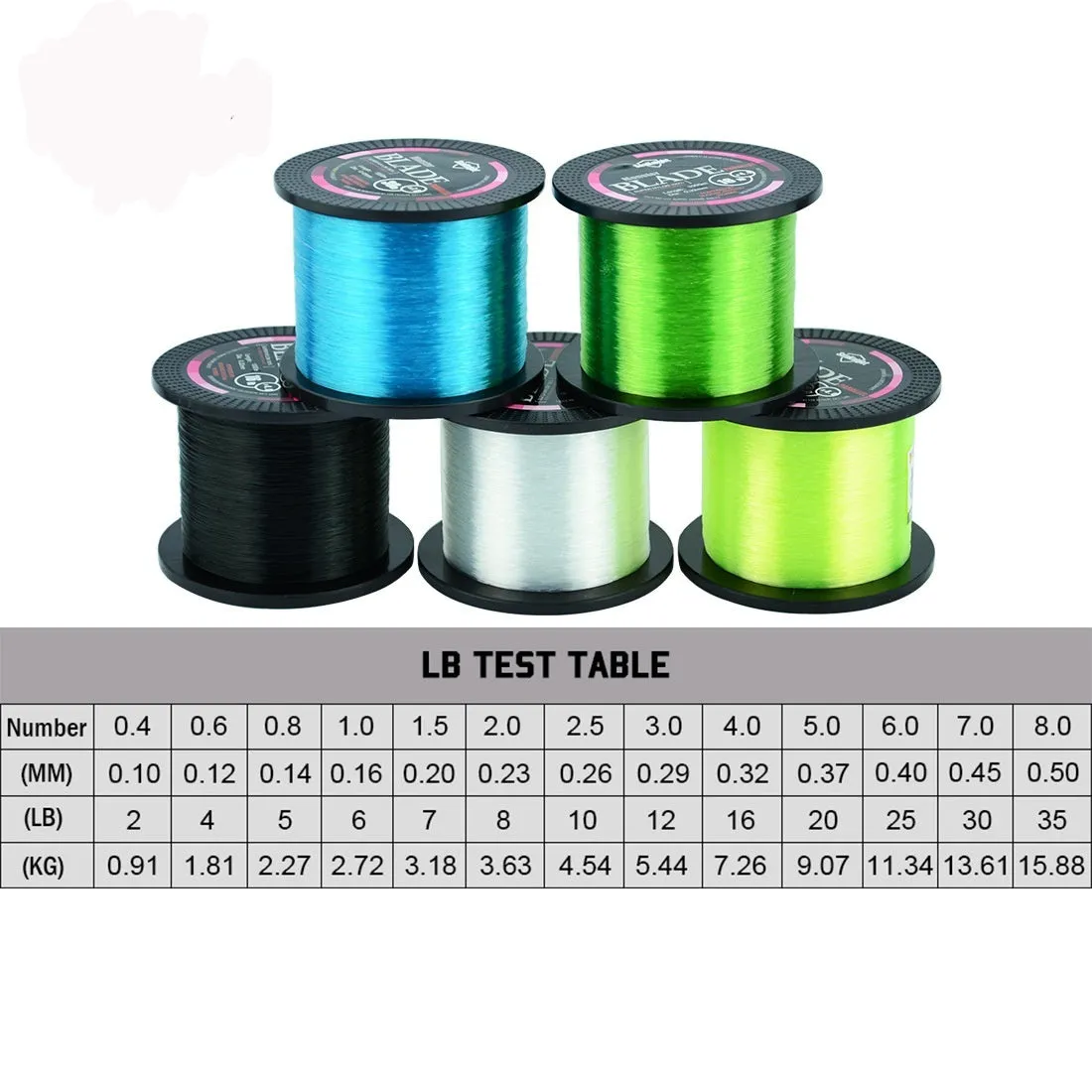 Seaknight1000 M fishing line spool showing nylon monofilament in one of five colours: black, blue, green, white, or yellow.