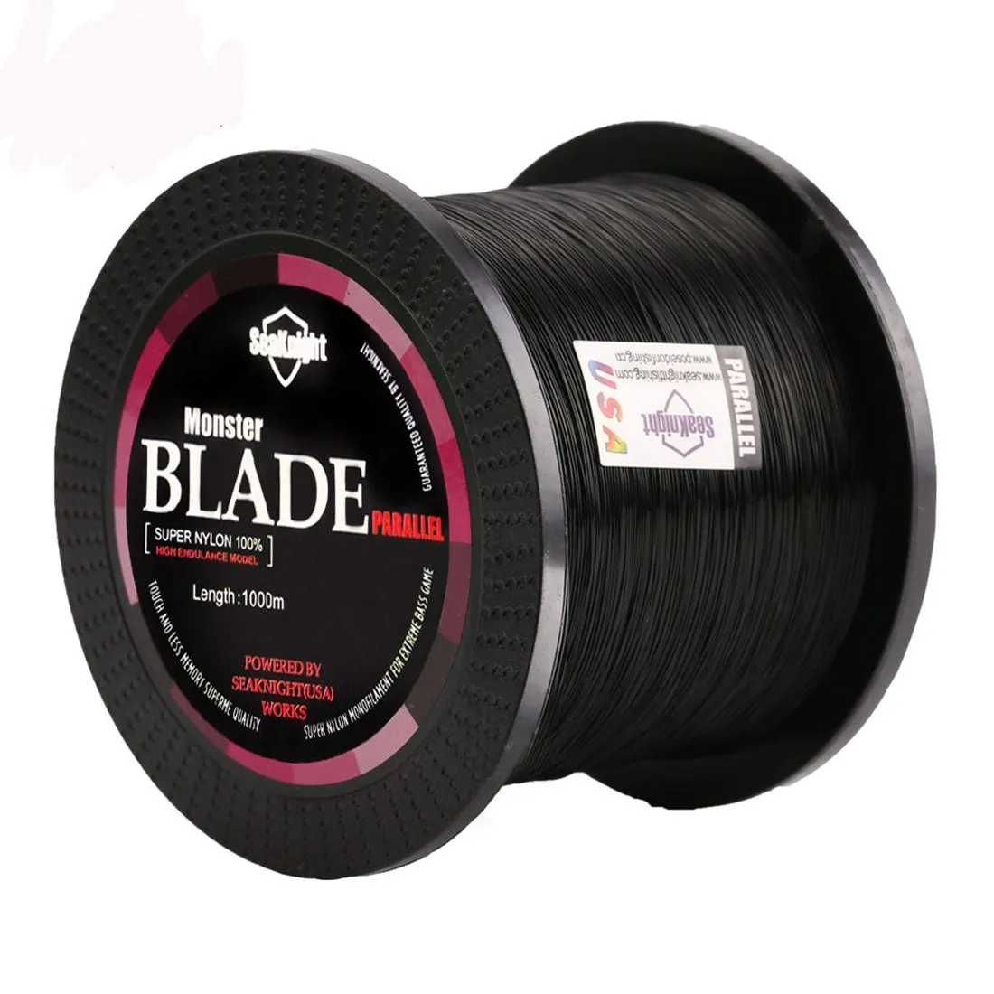 Seaknight1000 M fishing line spool showing nylon monofilament in one of five colours: black, blue, green, white, or yellow.