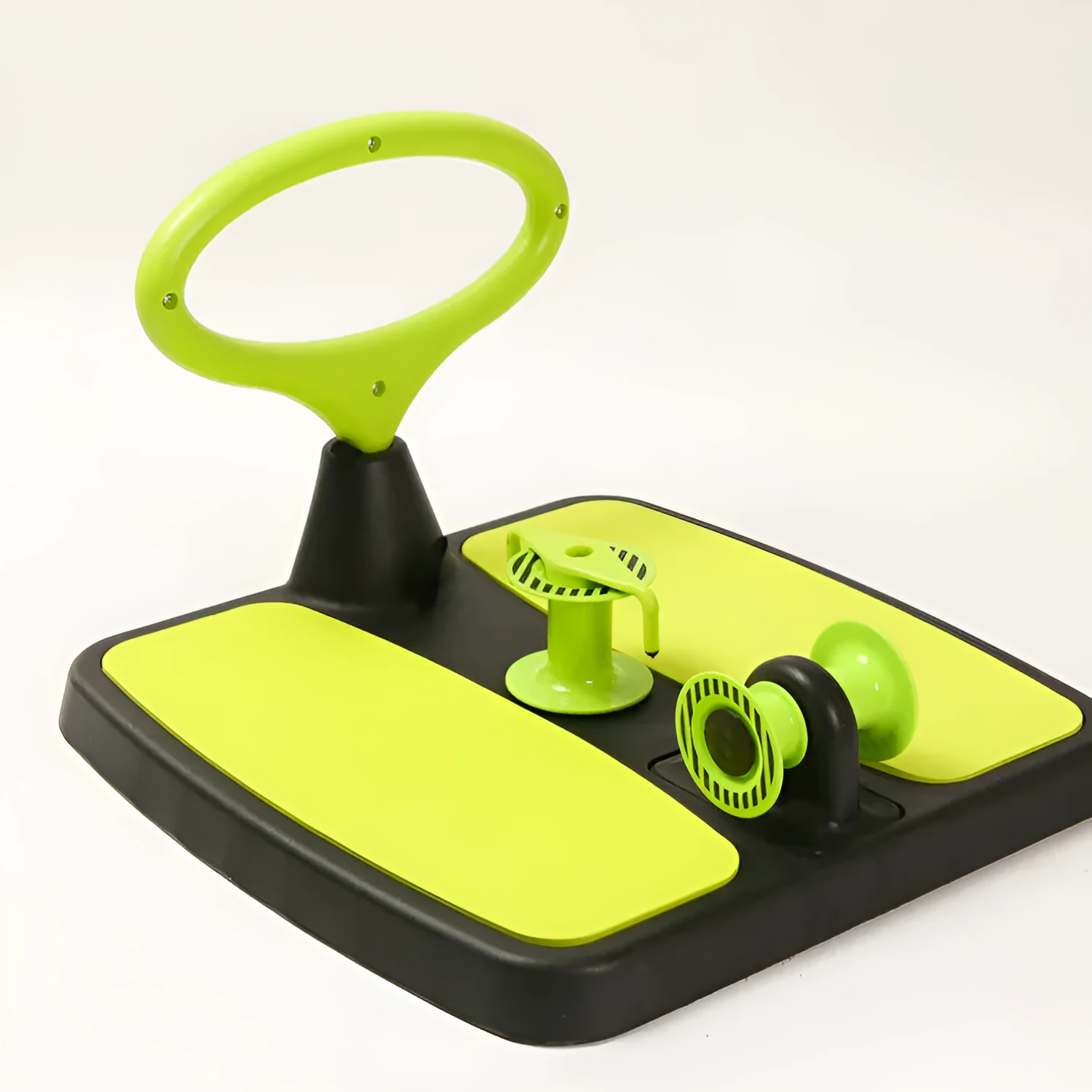 Green multifunctional fitness machine arm stretcher in colour box with dimensions 40.5 x 41 x 11.5 cm