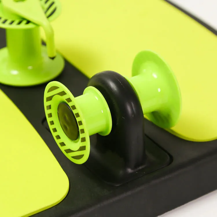 Green multifunctional fitness machine arm stretcher in colour box with dimensions 40.5 x 41 x 11.5 cm