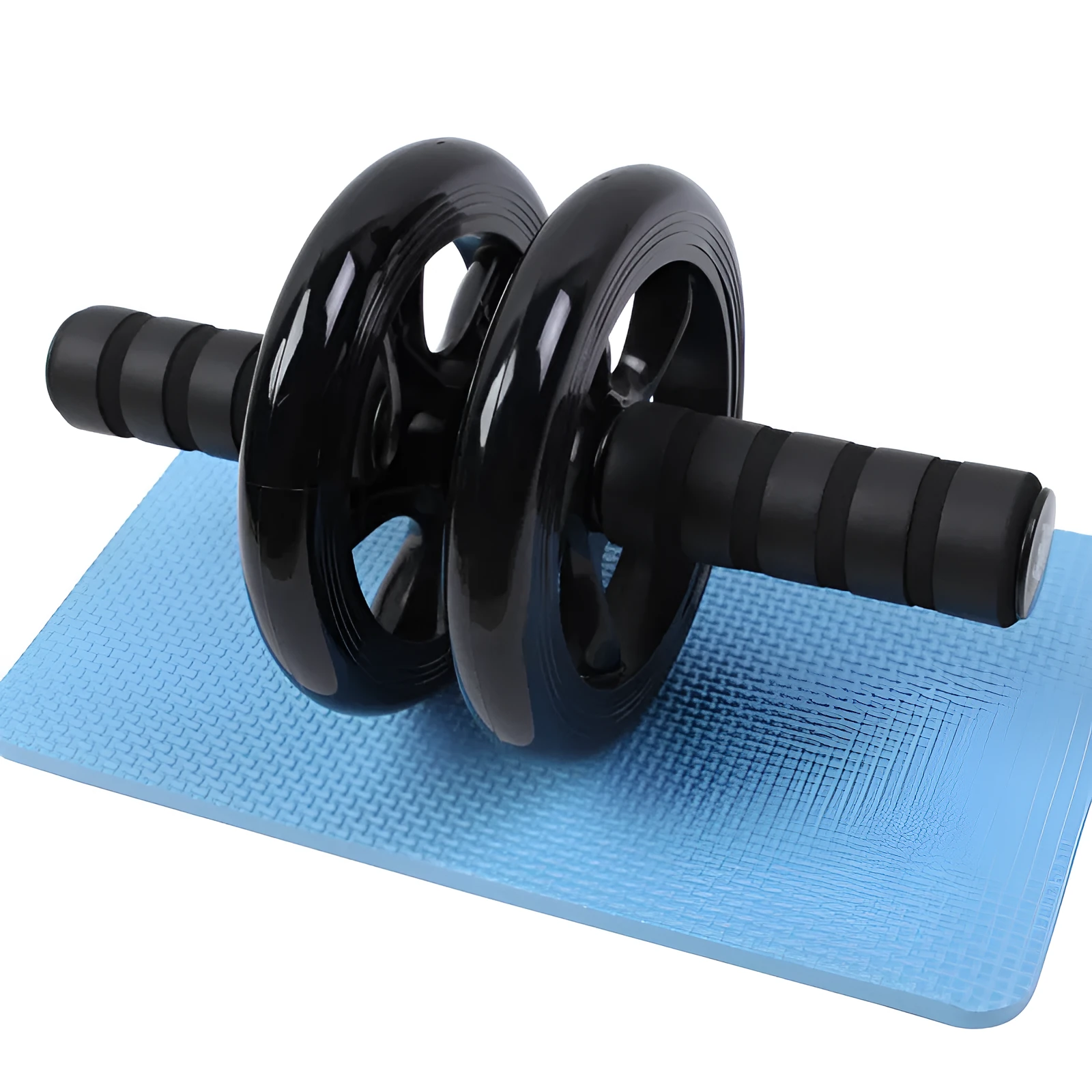 Silent abdominal wheel with kneeling pad, black colour, 165mm diameter, on a gym mat