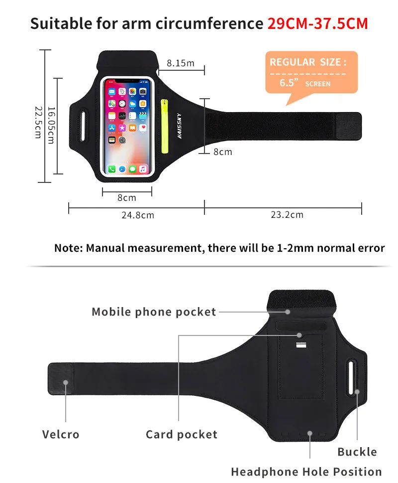 Black running arm band for iPhone and Samsung with reflective strip and zipper pocket