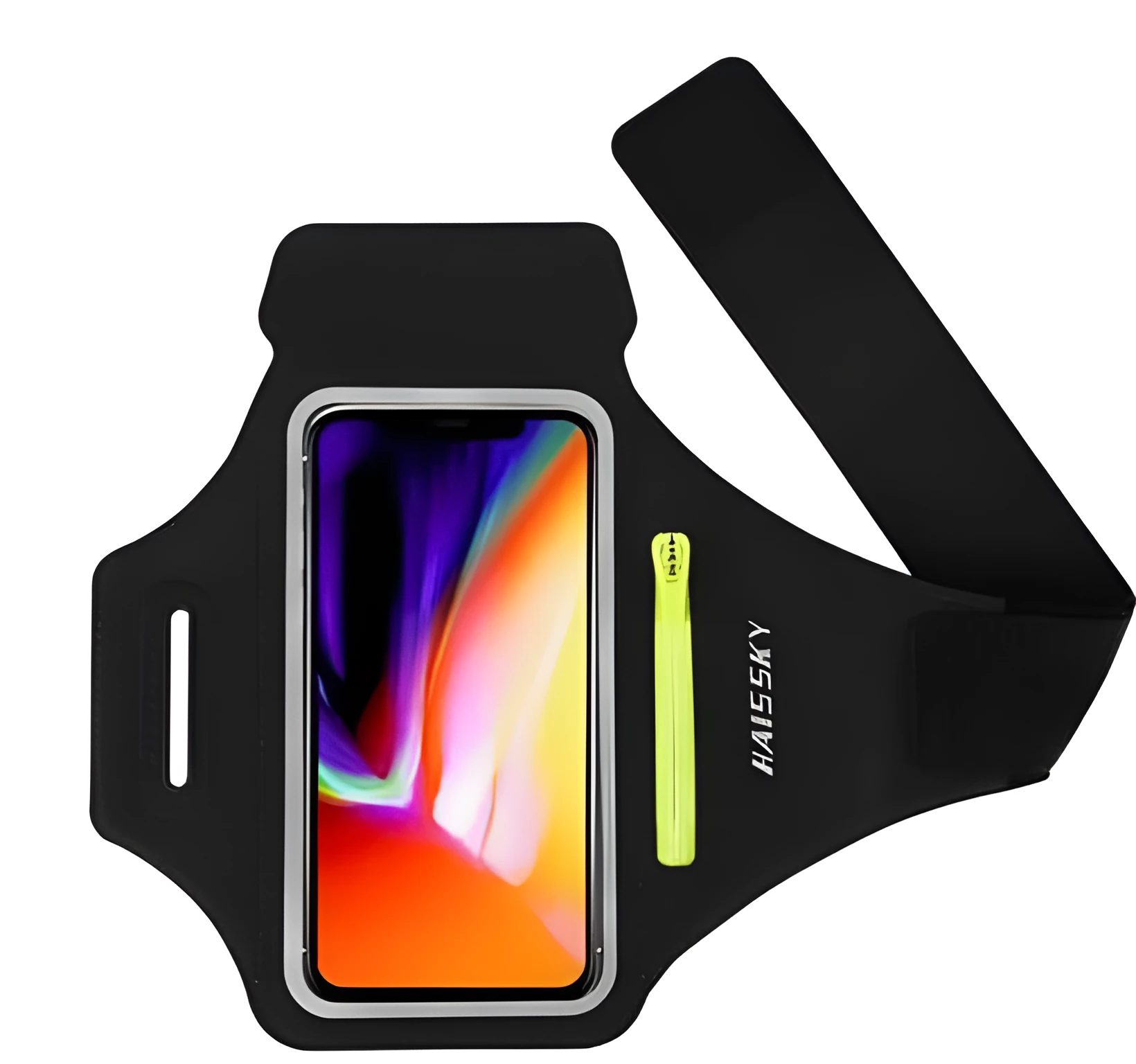 Black running arm band for iPhone and Samsung with reflective strip and zipper pocket