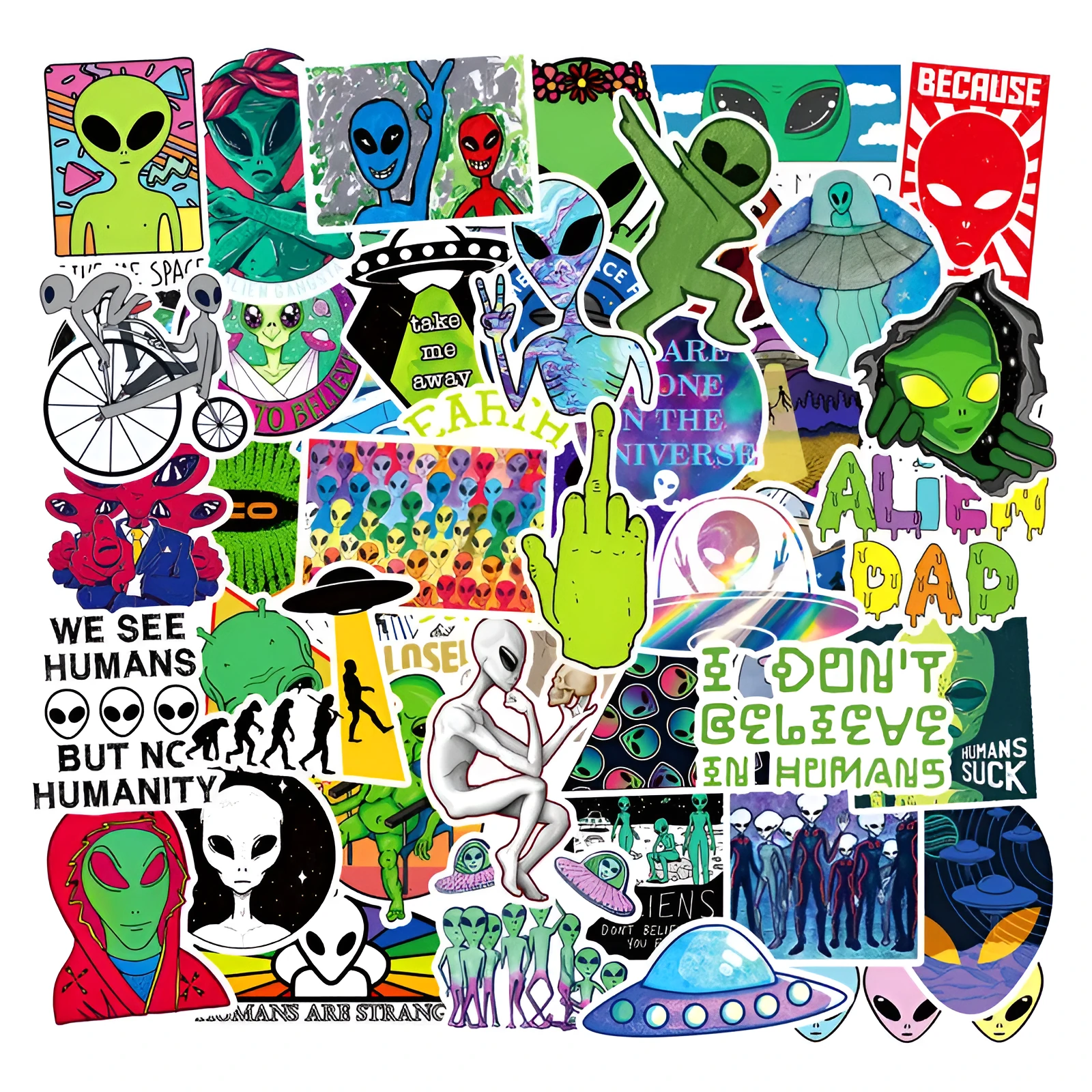 50 alien UFO stickers on a sheet, each 6x10cm, TYF aliens50 colourway