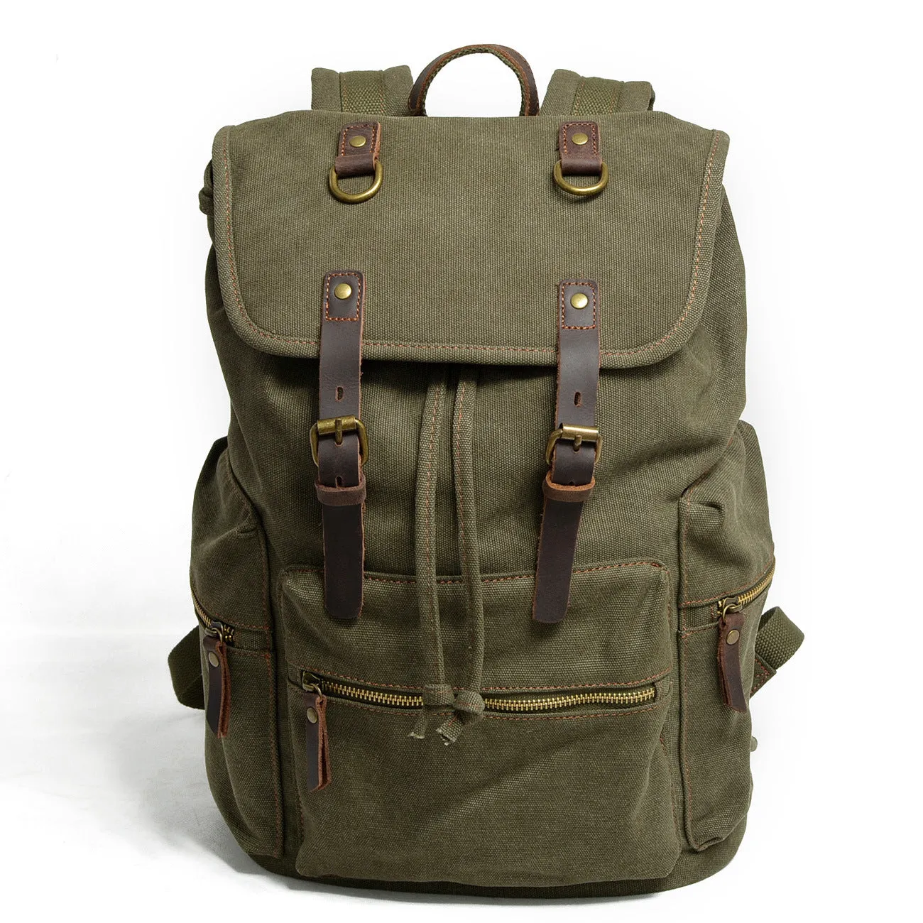 Canvas casual backpack with crazy horse leather trim in brown side view showing main compartment and shoulder strap