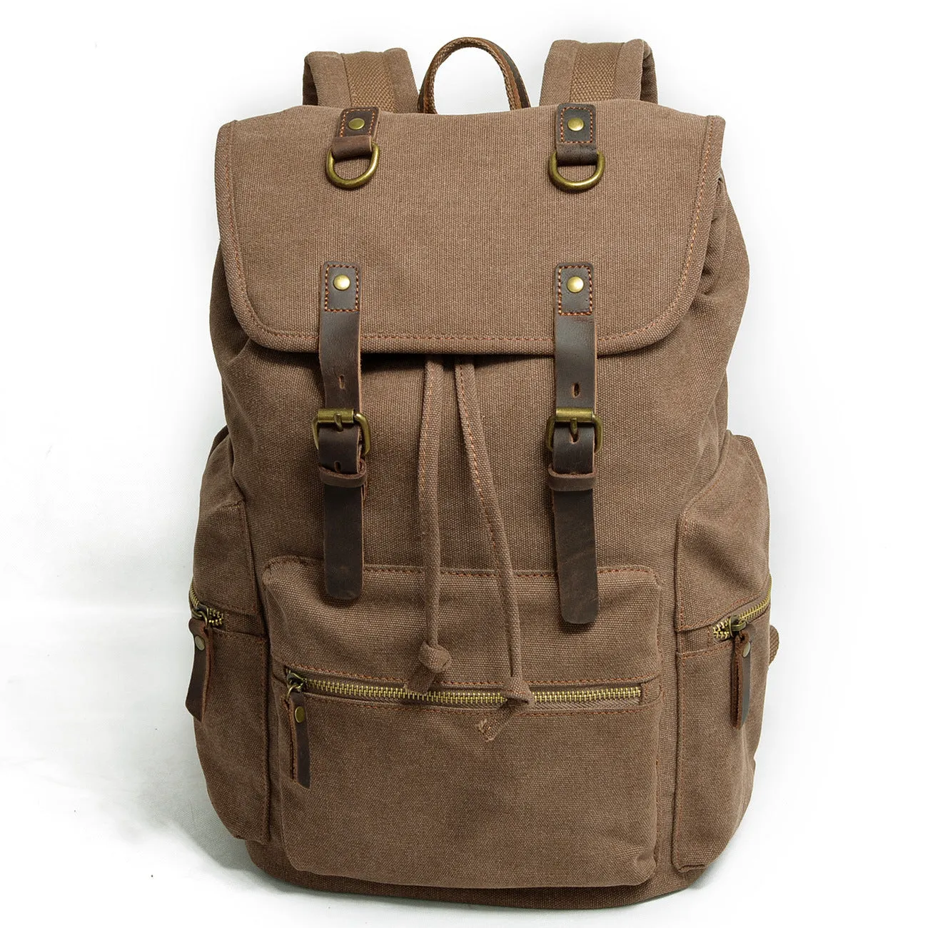 Canvas casual backpack with crazy horse leather trim in brown side view showing main compartment and shoulder strap