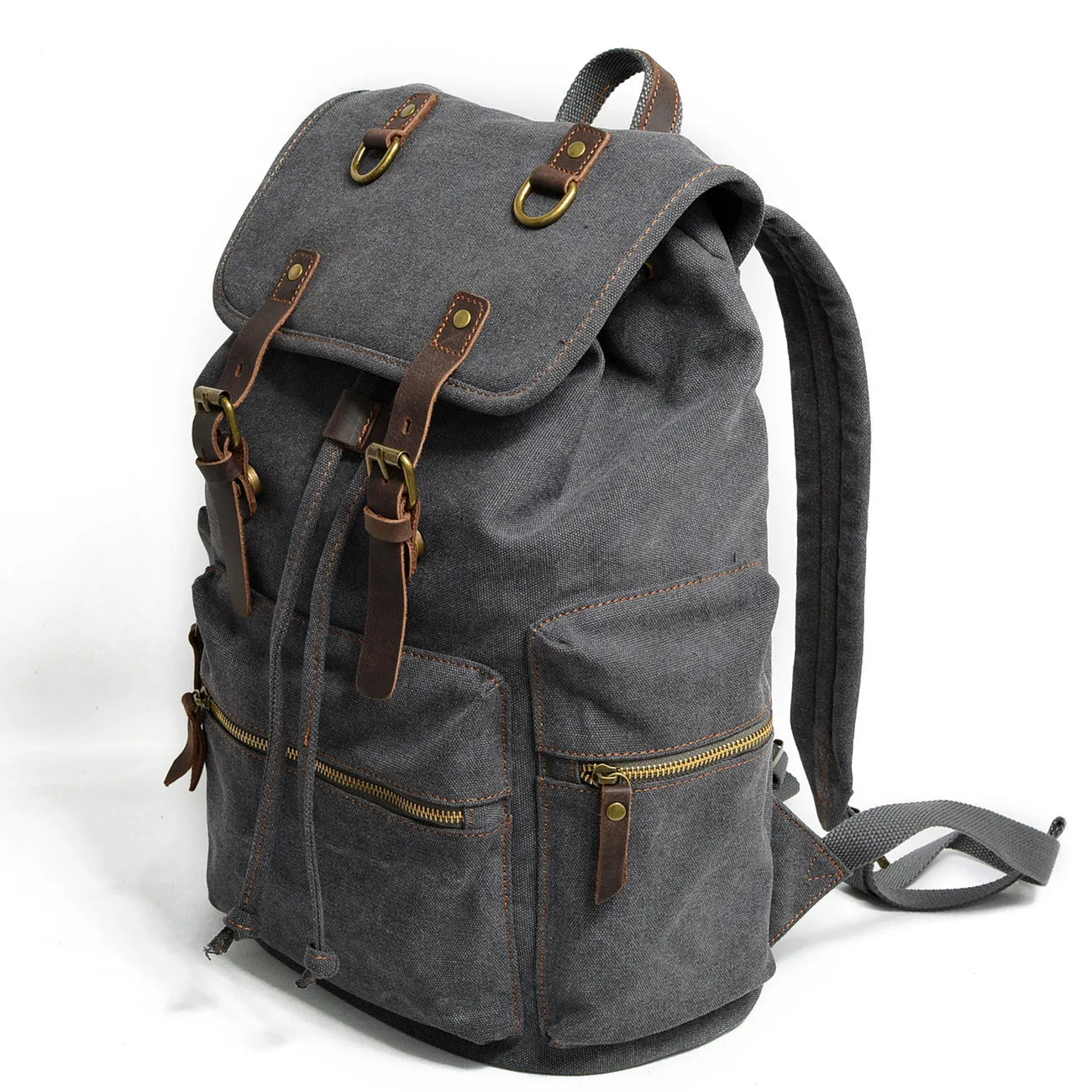 Canvas casual backpack with crazy horse leather trim in brown side view showing main compartment and shoulder strap