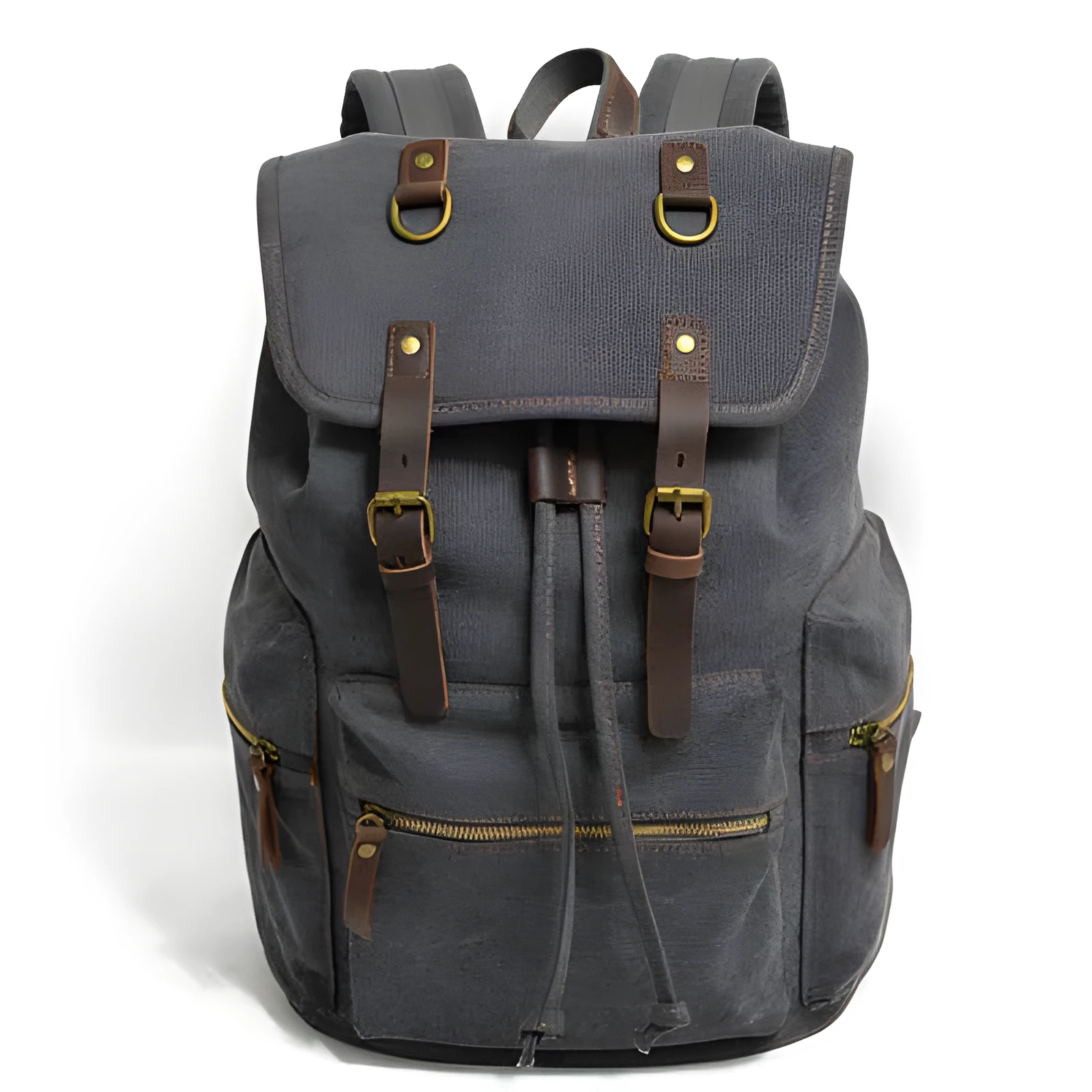 Canvas casual backpack with crazy horse leather trim in brown side view showing main compartment and shoulder strap
