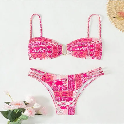 Women's floral bikini swimsuit with high-waist briefs in solid colour patterns